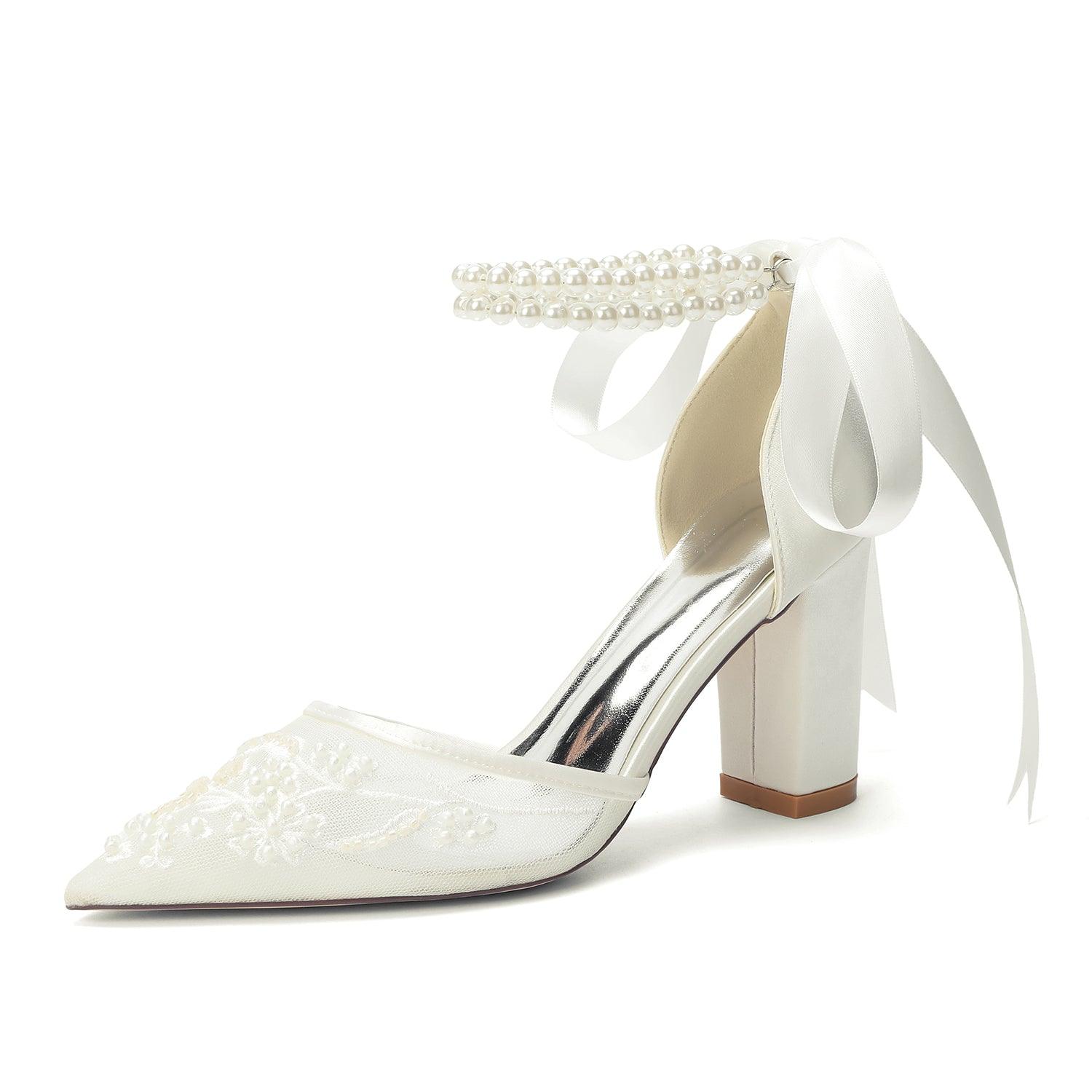 Chunky Heel 8.5cm Lace Silk-Like Pearl Embroidered Mesh Shoes CK0501 - 10 Days / Ivory / 35 - COCOMELODY